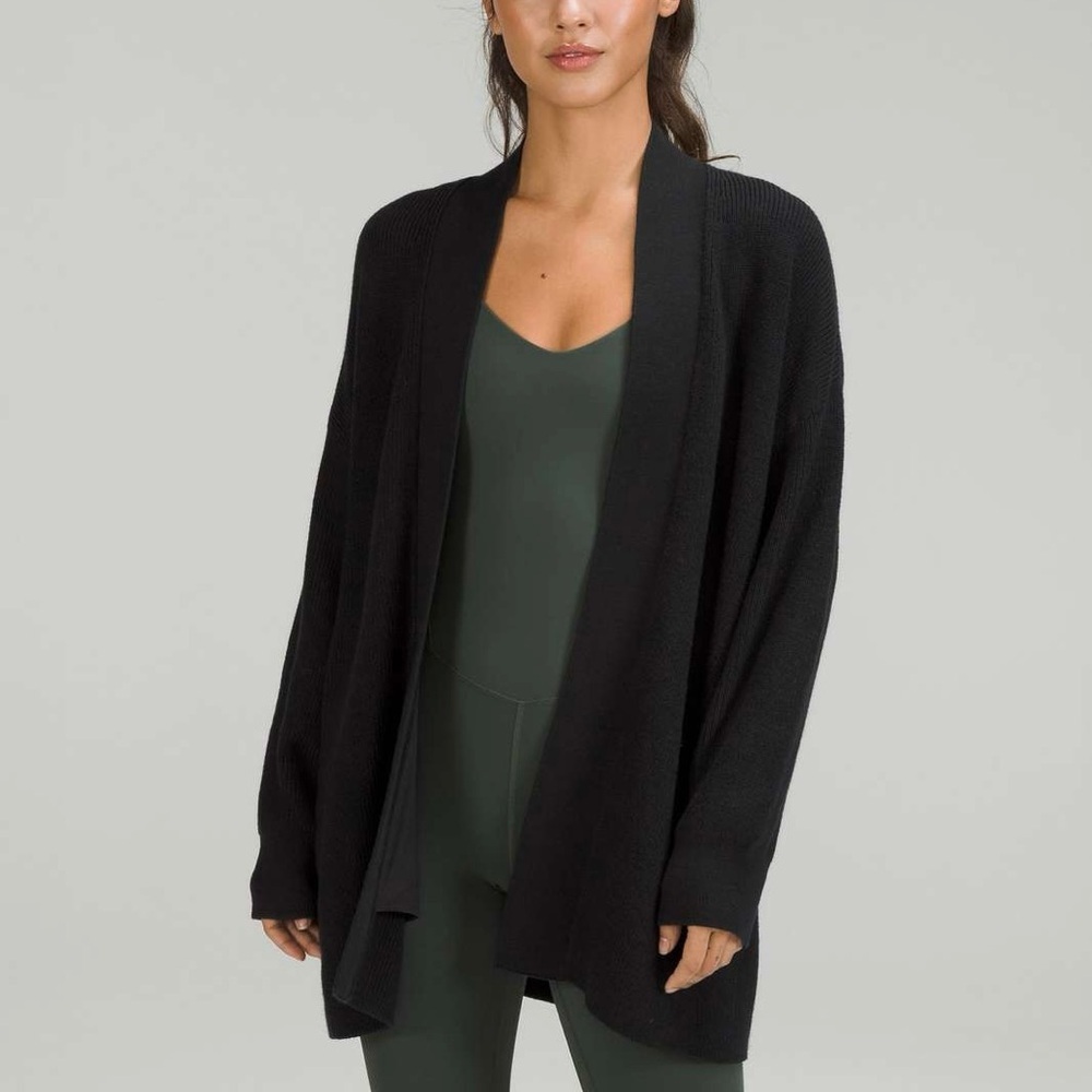 Lululemon Merino Wool-Blend Ribbed Long Wrap Cardigan Sweater Black Sz 4 / S